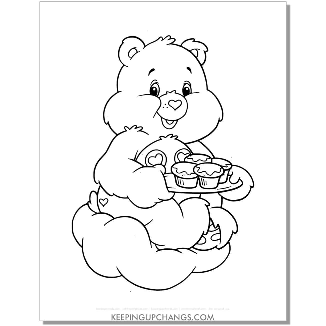 share bear with plate of cupcakes care bear coloring page, sheet.