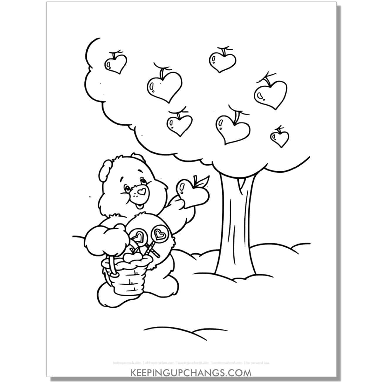 share bear picking apples from tree care bear coloring page, sheet.