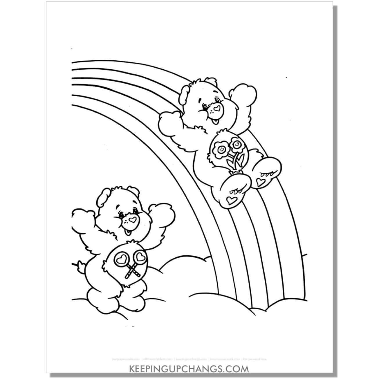 share, friend bear sliding on rainbows care bear coloring page, sheet.