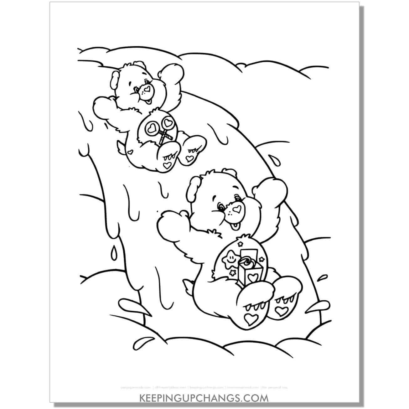 share, surprise bear sliding down waterfall care bear coloring page, sheet.