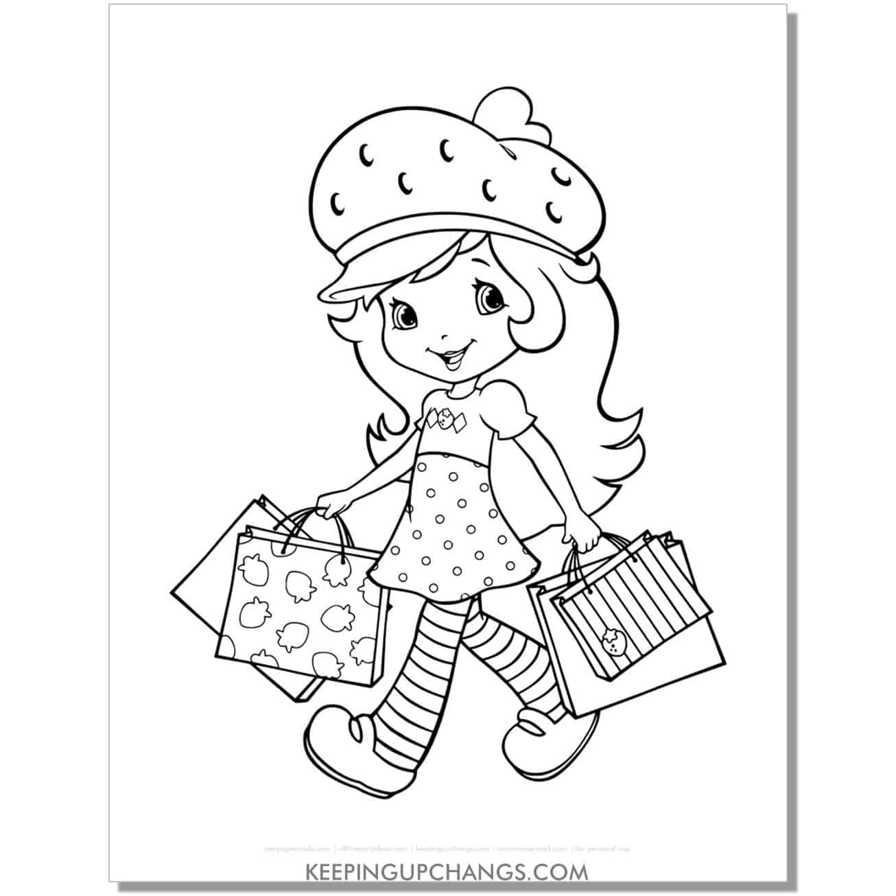 free strawberry shortcake going shopping coloring page, sheet.