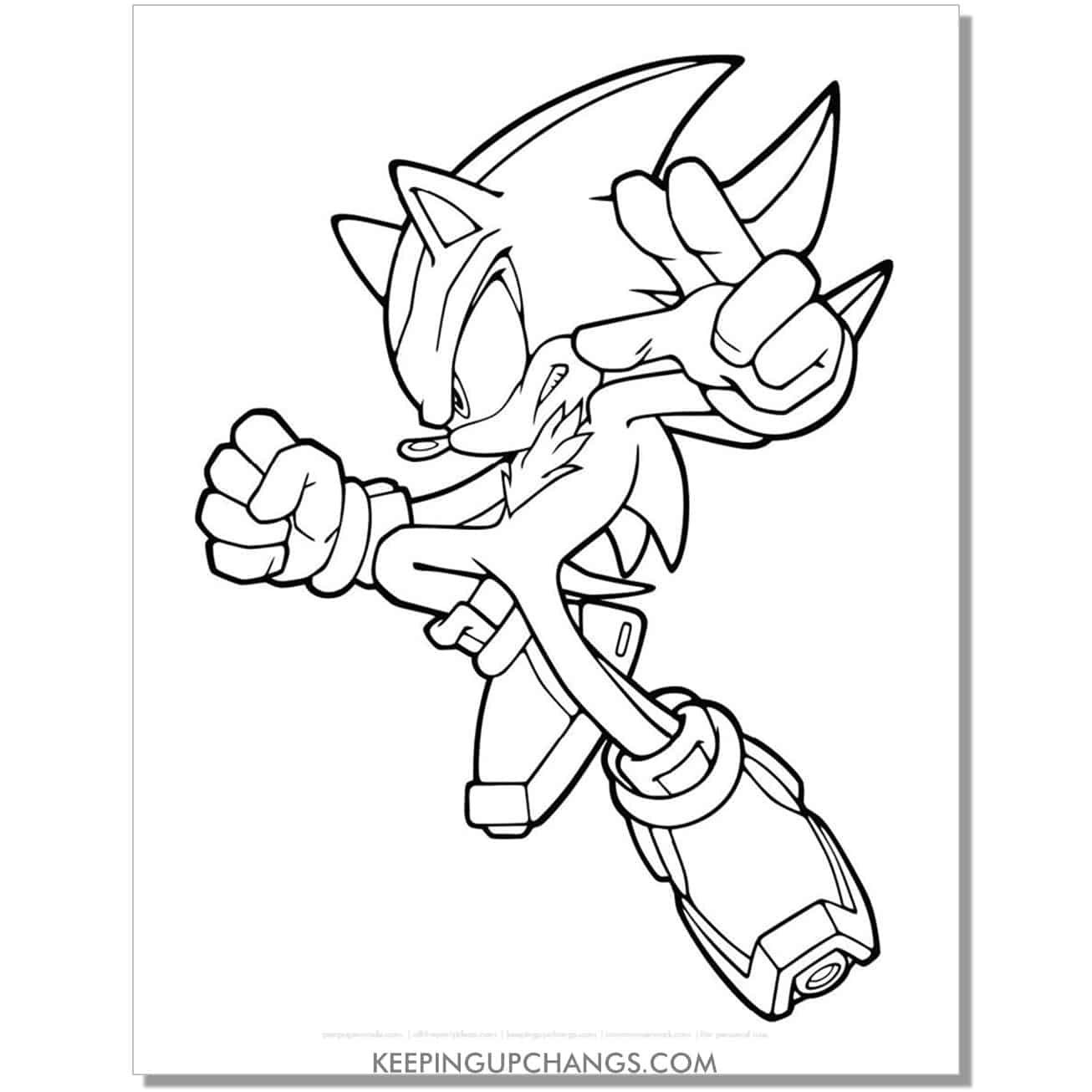 shadow sonic with fist getting ready to attack coloring page.