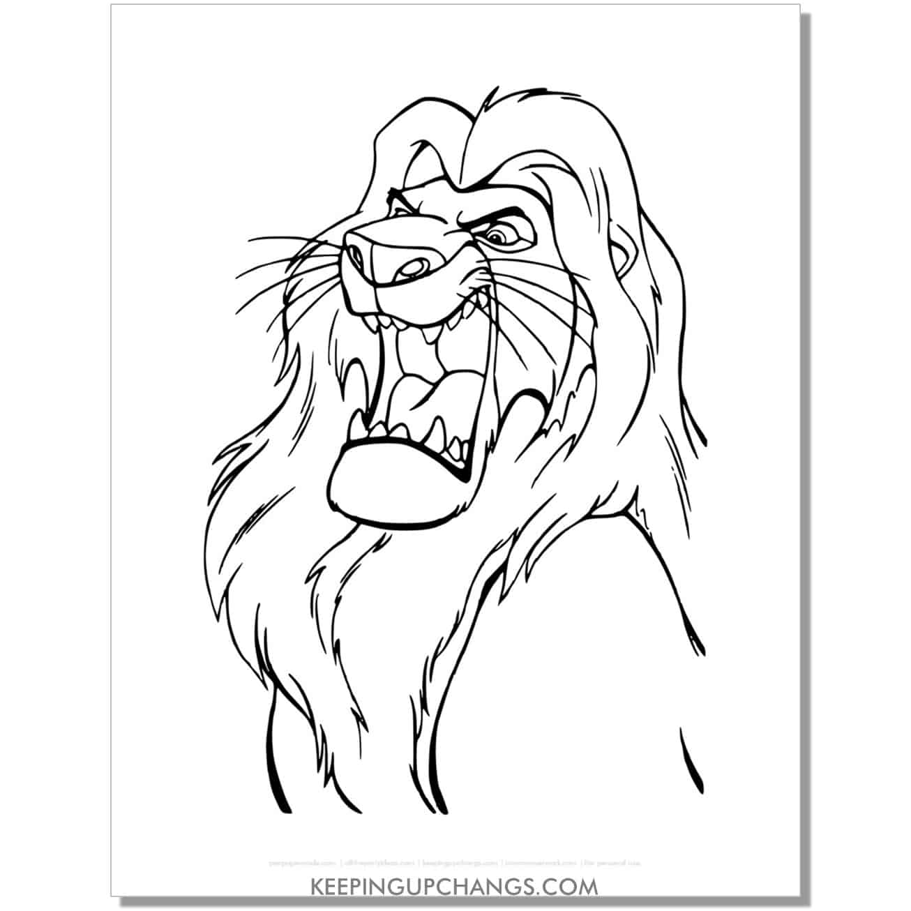 adult simba bares teeth lion king coloring page, sheet.