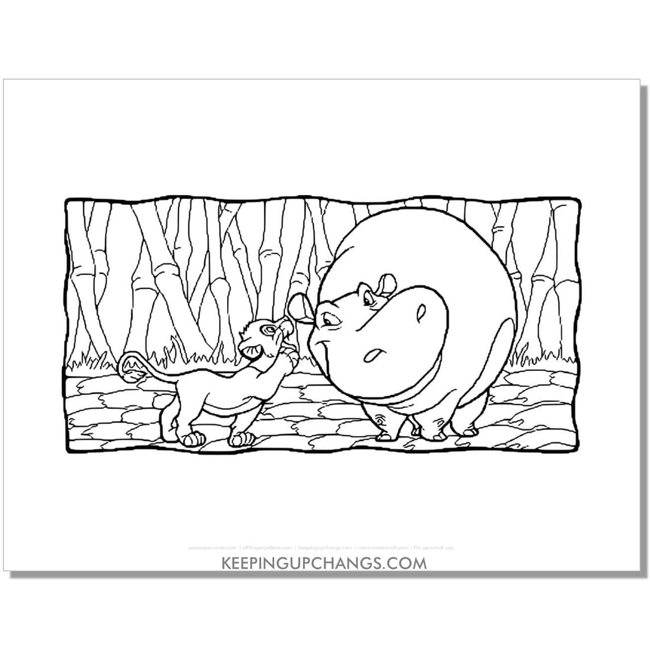 simba whispers in hippo's ear lion king coloring page, sheet.