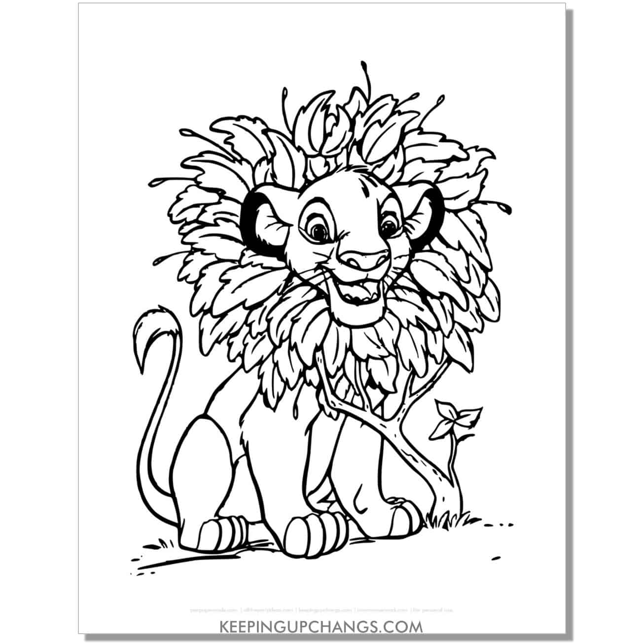simba wearing leaves as mane lion king coloring page, sheet.