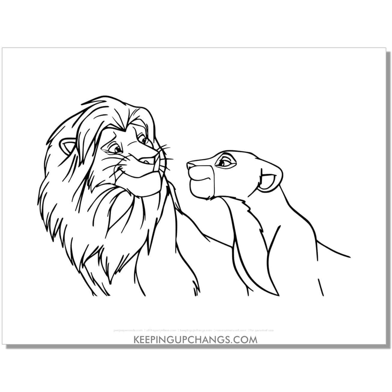 adult simba and nala meet lion king coloring page, sheet.