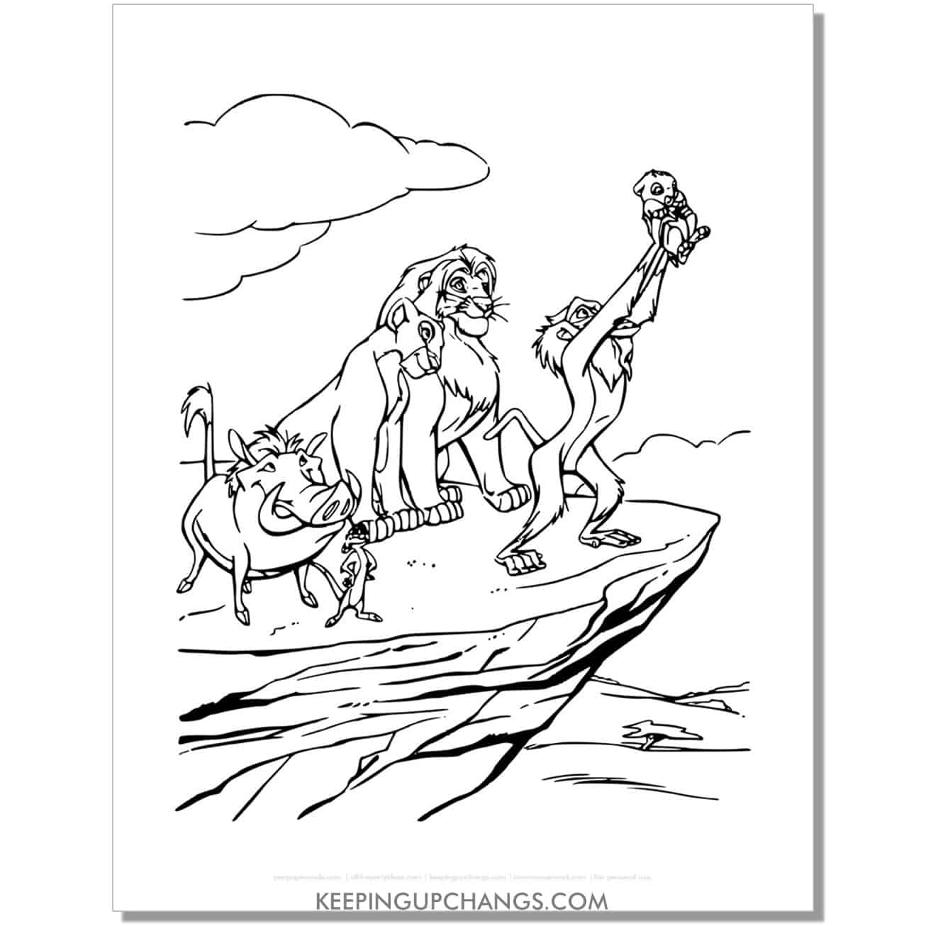 rakiki holds baby kiara for kingdom to see lion king coloring page, sheet.