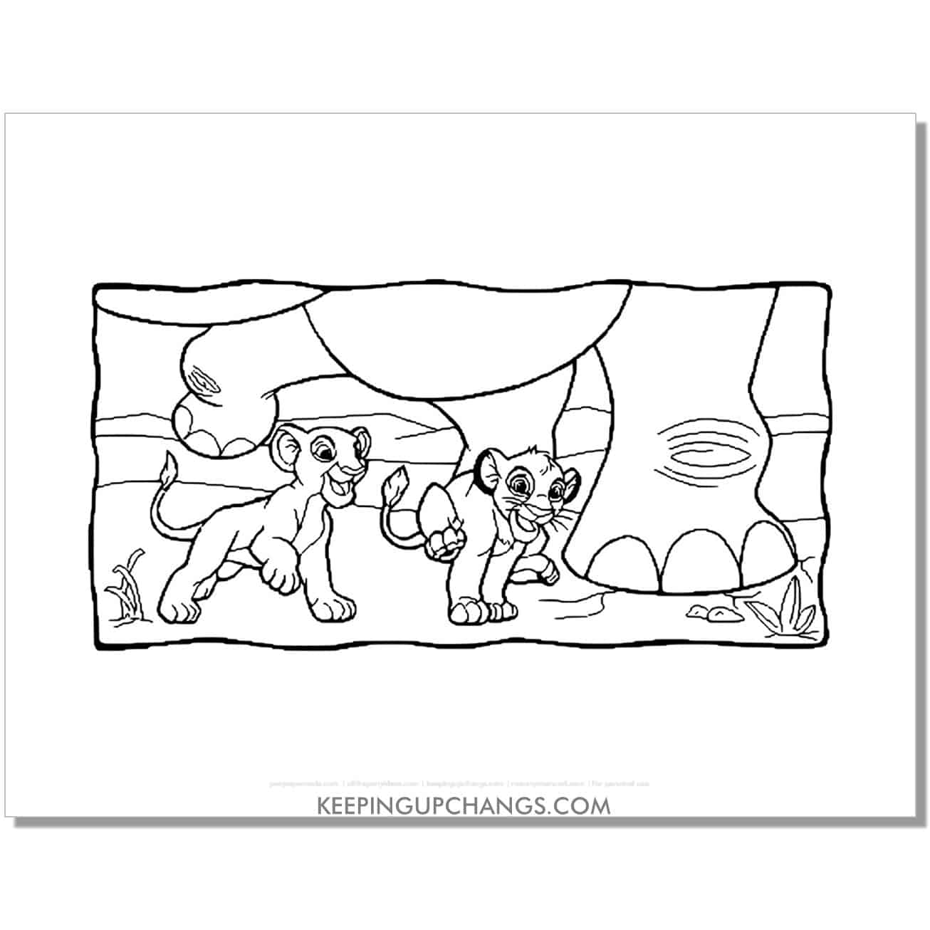 simba and nala running alongside elephant lion king coloring page, sheet.