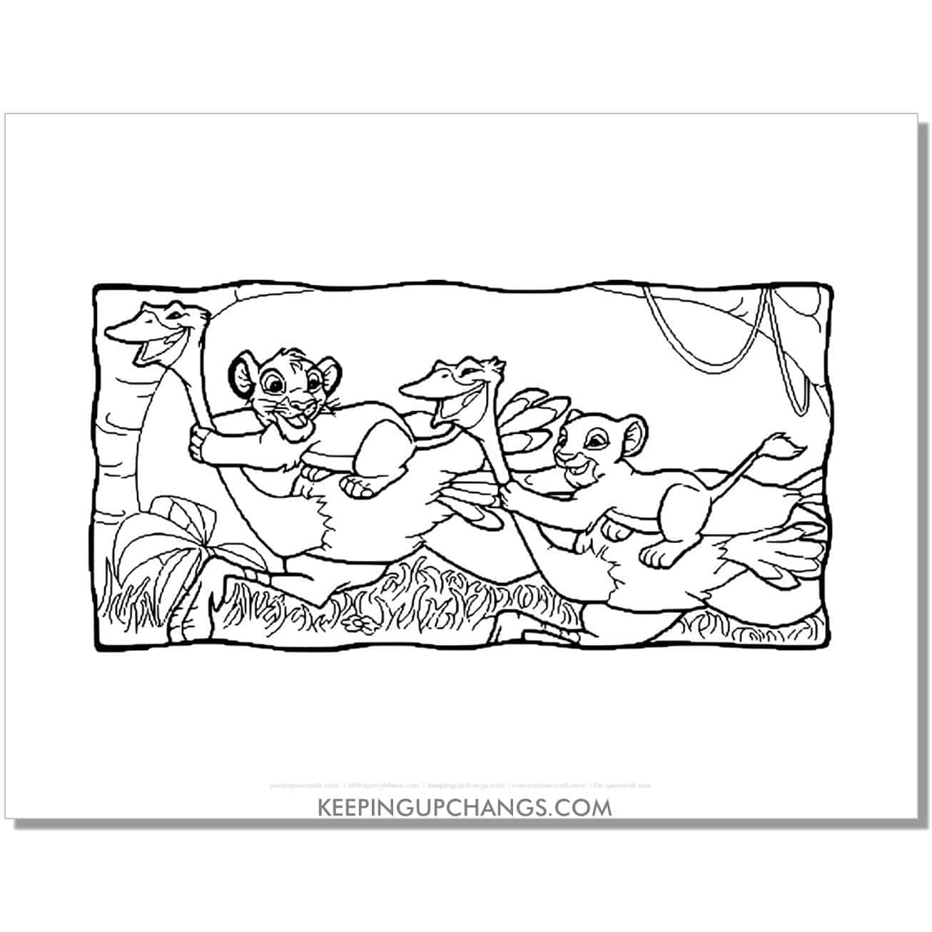 simba and nala riding ostriches lion king coloring page, sheet.