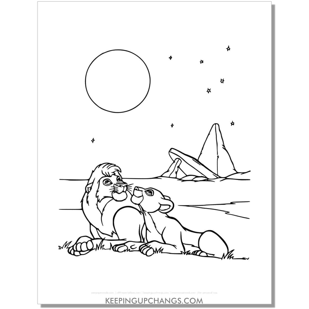 simba and nala under night sky lion king coloring page, sheet.