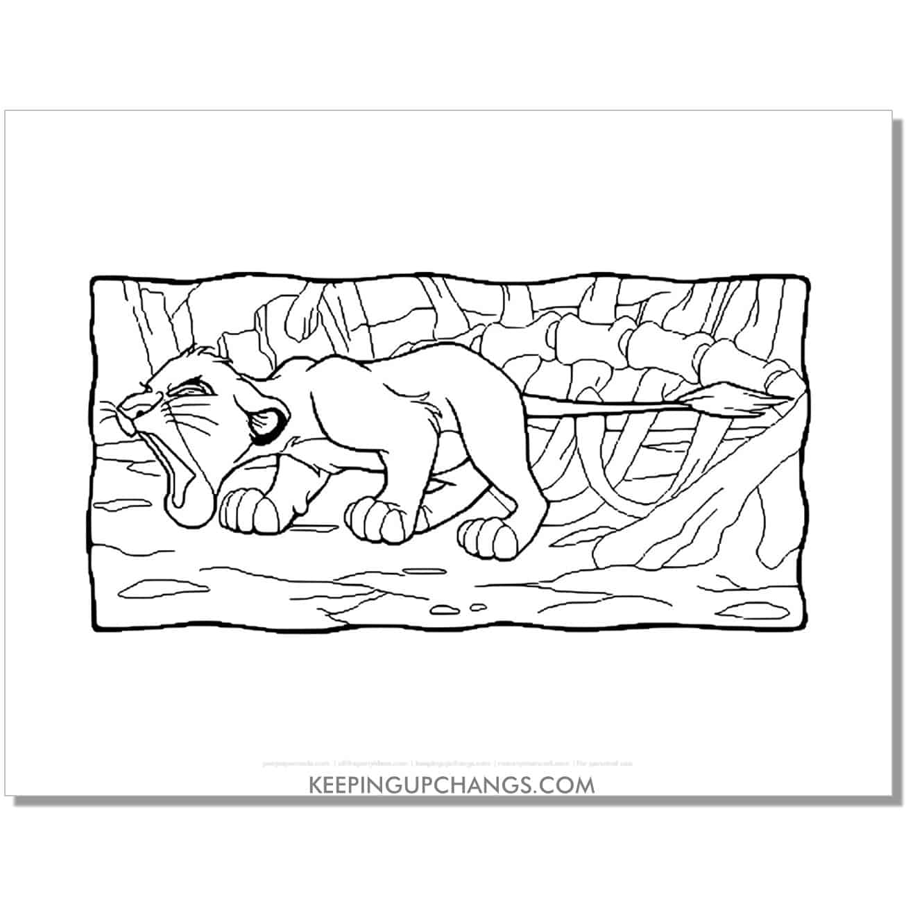 simba tries to roar in elephant graveyard lion king coloring page, sheet.