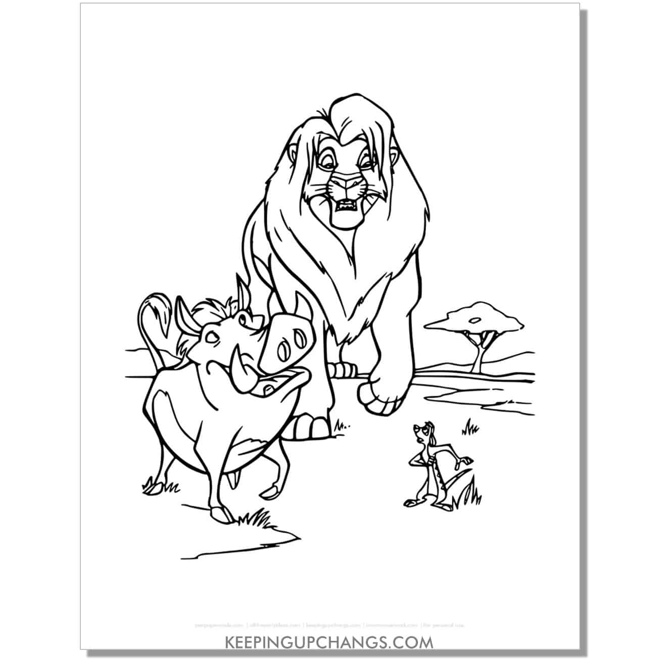 simba with timon, pumbaa lion king coloring page, sheet.