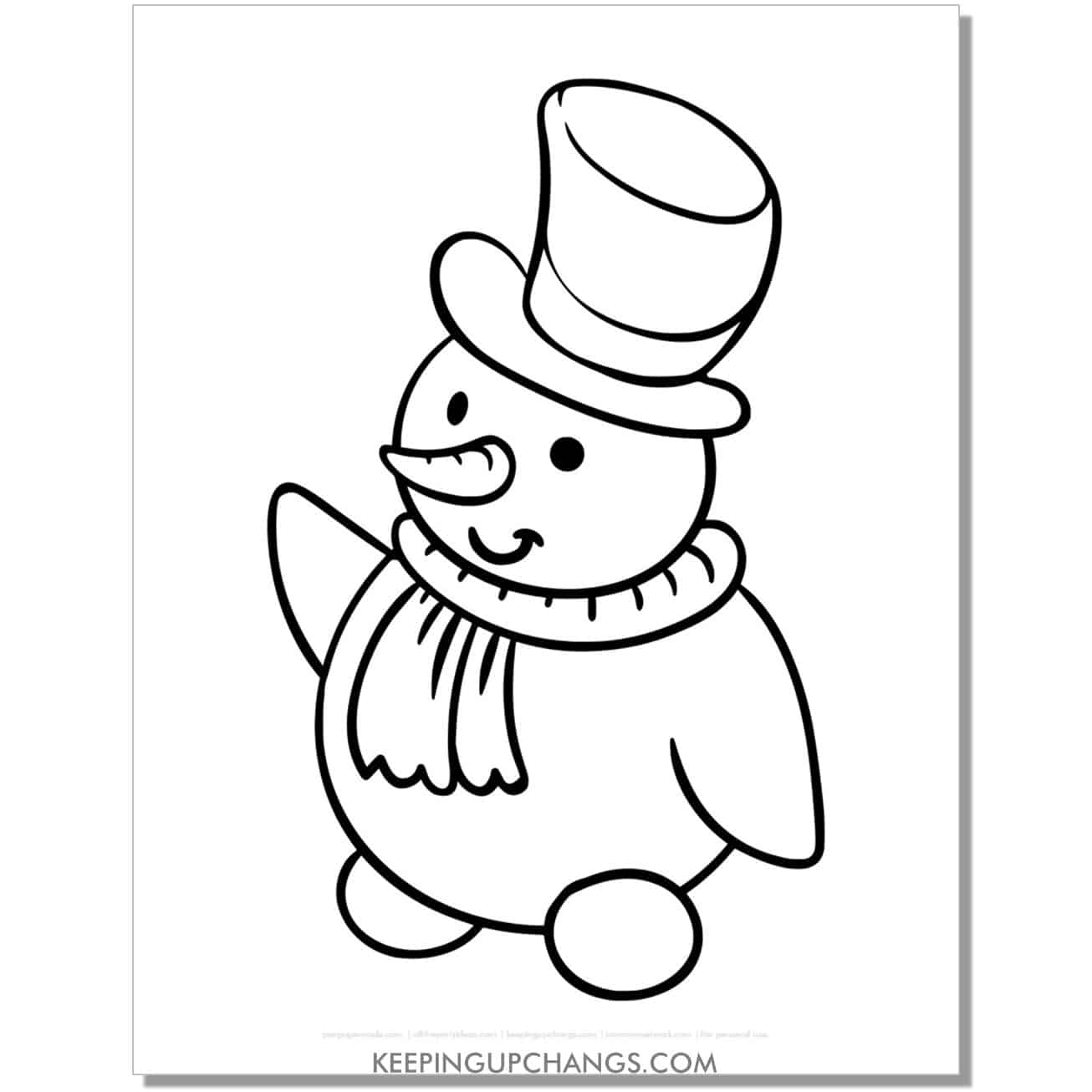 free snowman with arms, top hat coloring page.