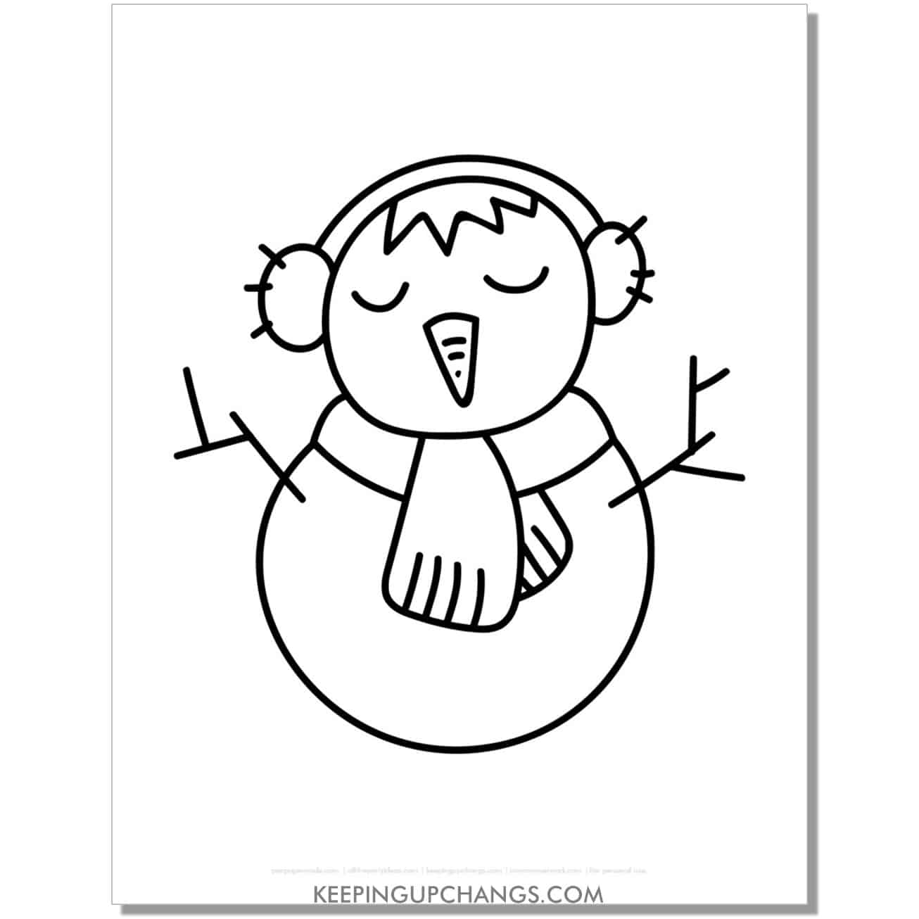 free snowman with earmuffs drawing coloring page.