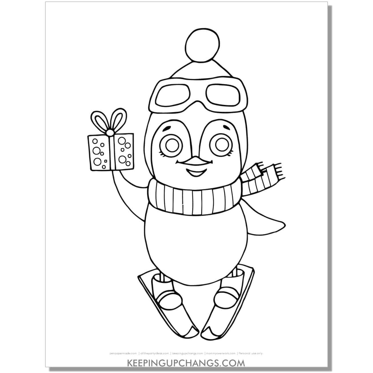 free christmas penguin with skis coloring page.