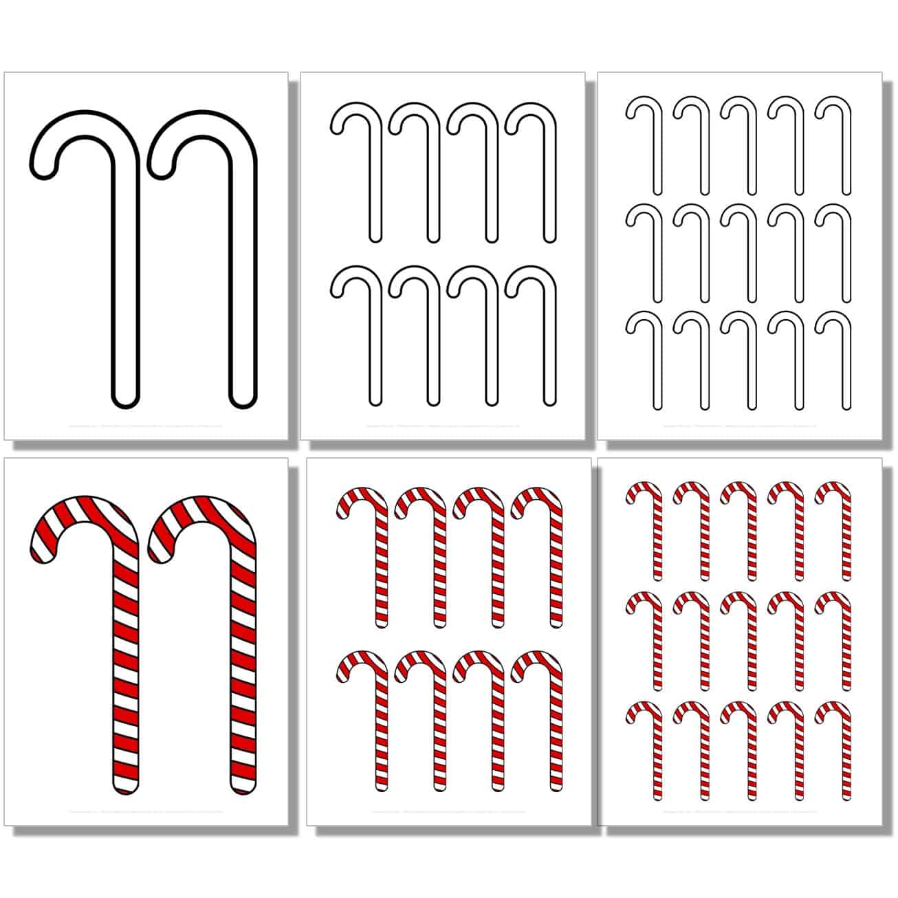 free small, medium, large easy, simple candy cane template in black, white, color
