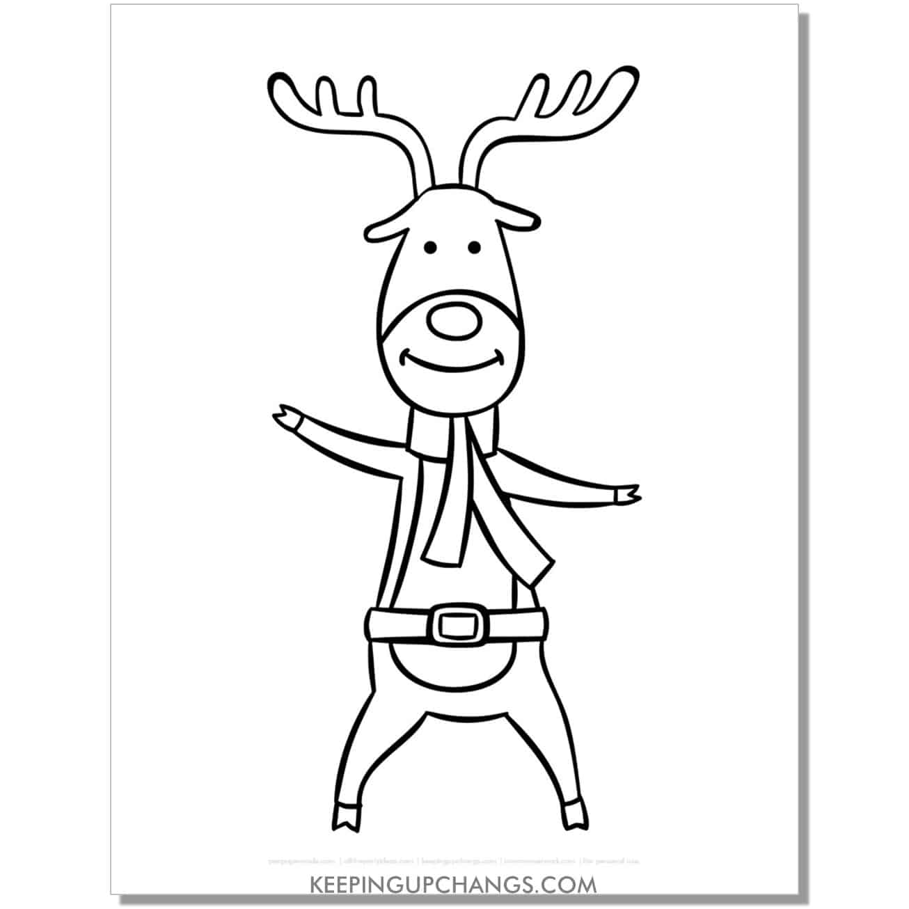 free funny skinny reindeer in santa belt coloring page.