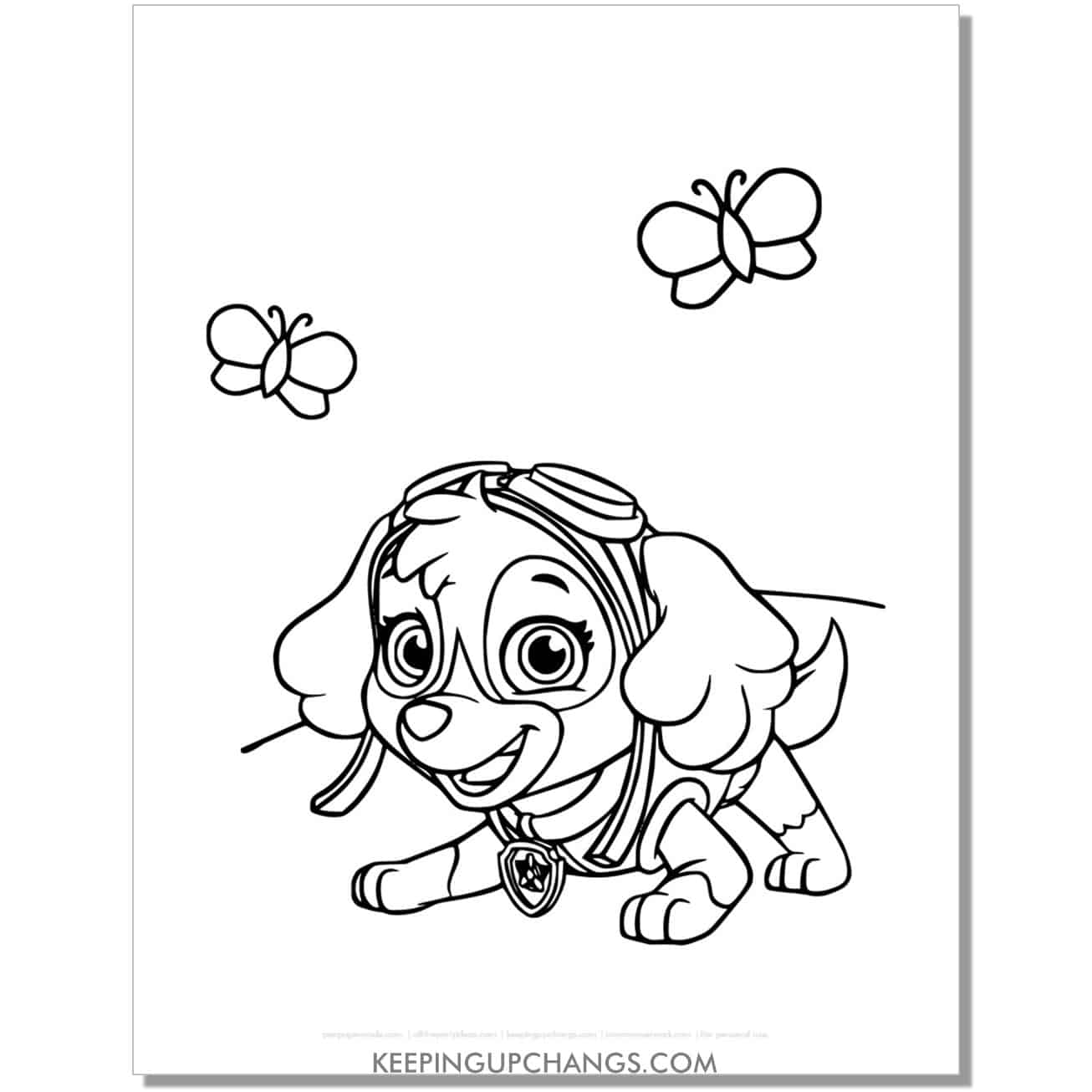 free skye playing with butterfly paw patrol coloring page, sheet.