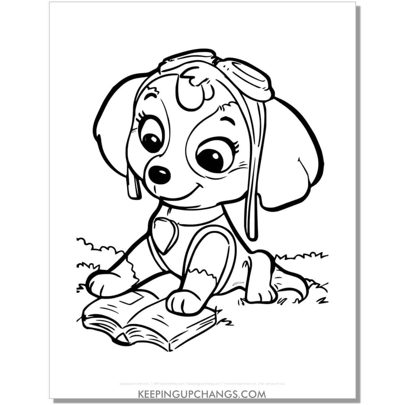 free skye reading a book paw patrol coloring page, sheet.