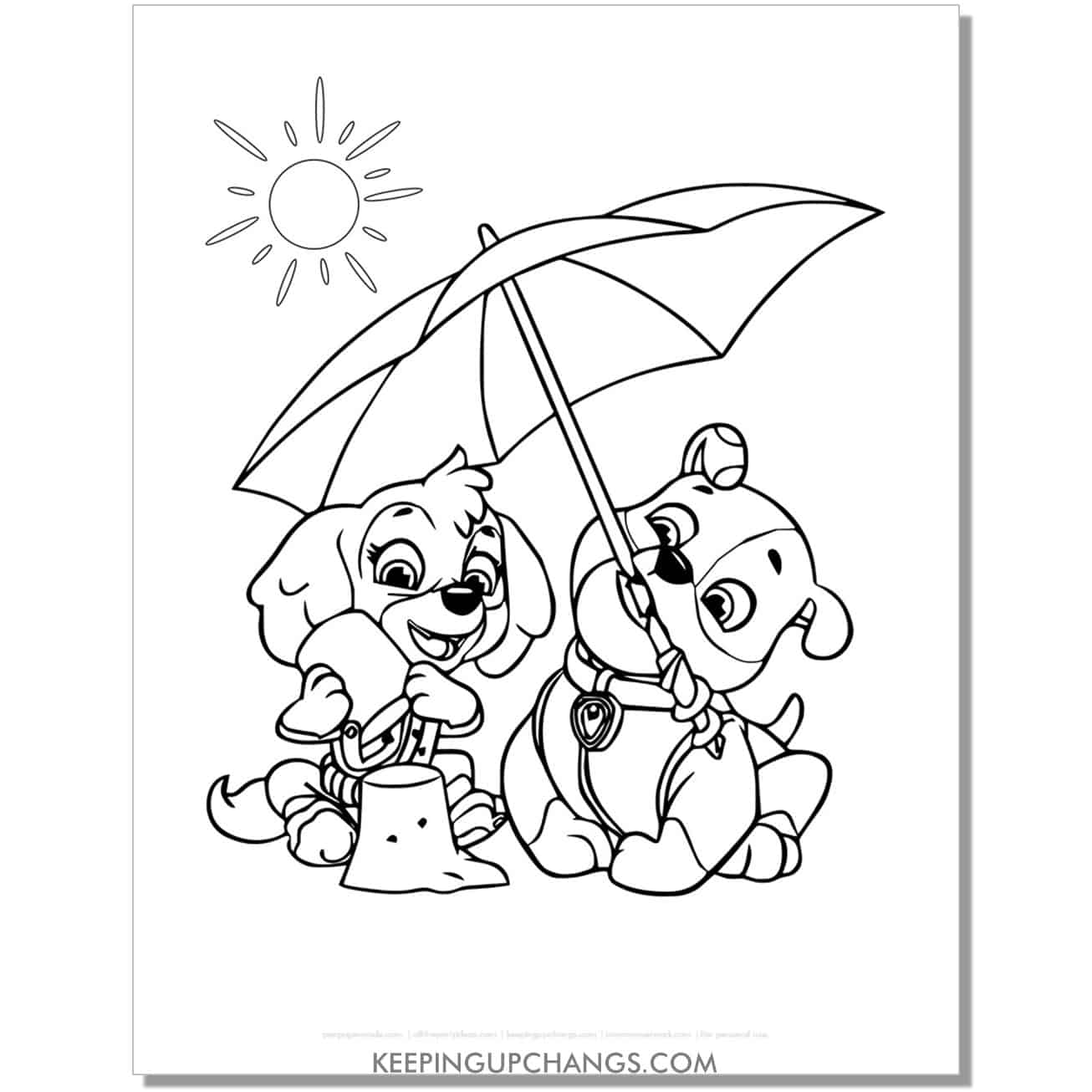 free skye building sand castle, rubble with umbrella to shade from sun paw patrol coloring page, sheet.
