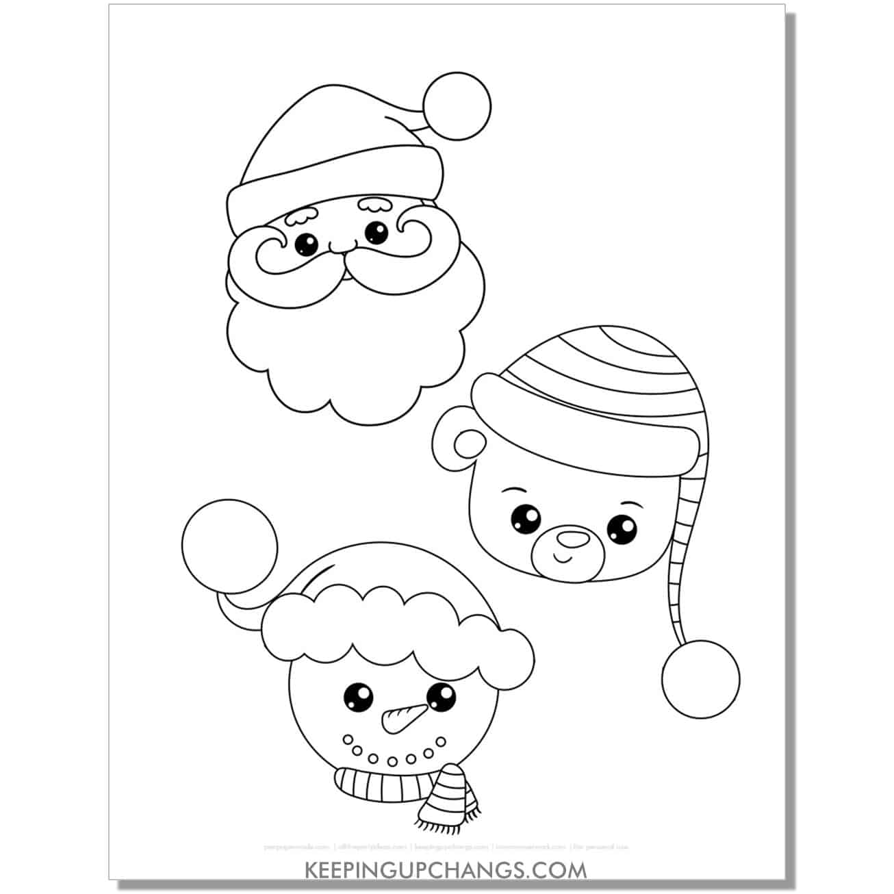 free santa, bear, snowman face coloring page.