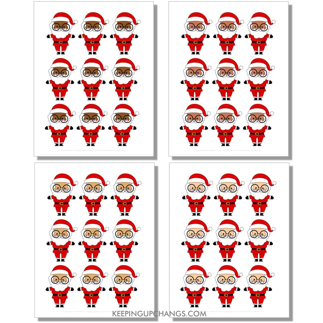 free small, mini glasses santa outline, cut out template in color, red, black, white for light, medium, dark skin tones, races.