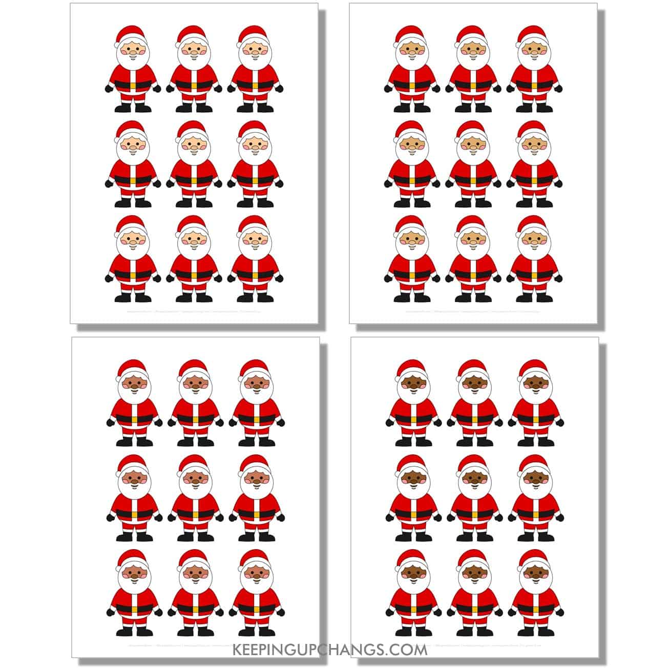 free small, mini standing santa outline, cut out template in color, red, black, white for light, medium, dark skin tones, races.