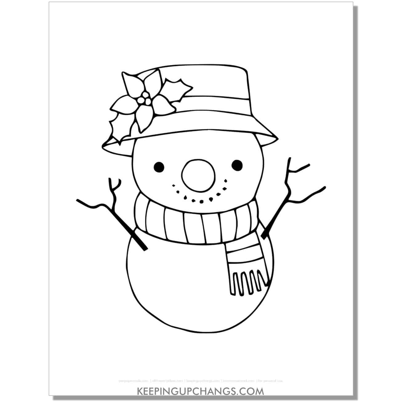 free adorable snowman with poinsettia coloring page.