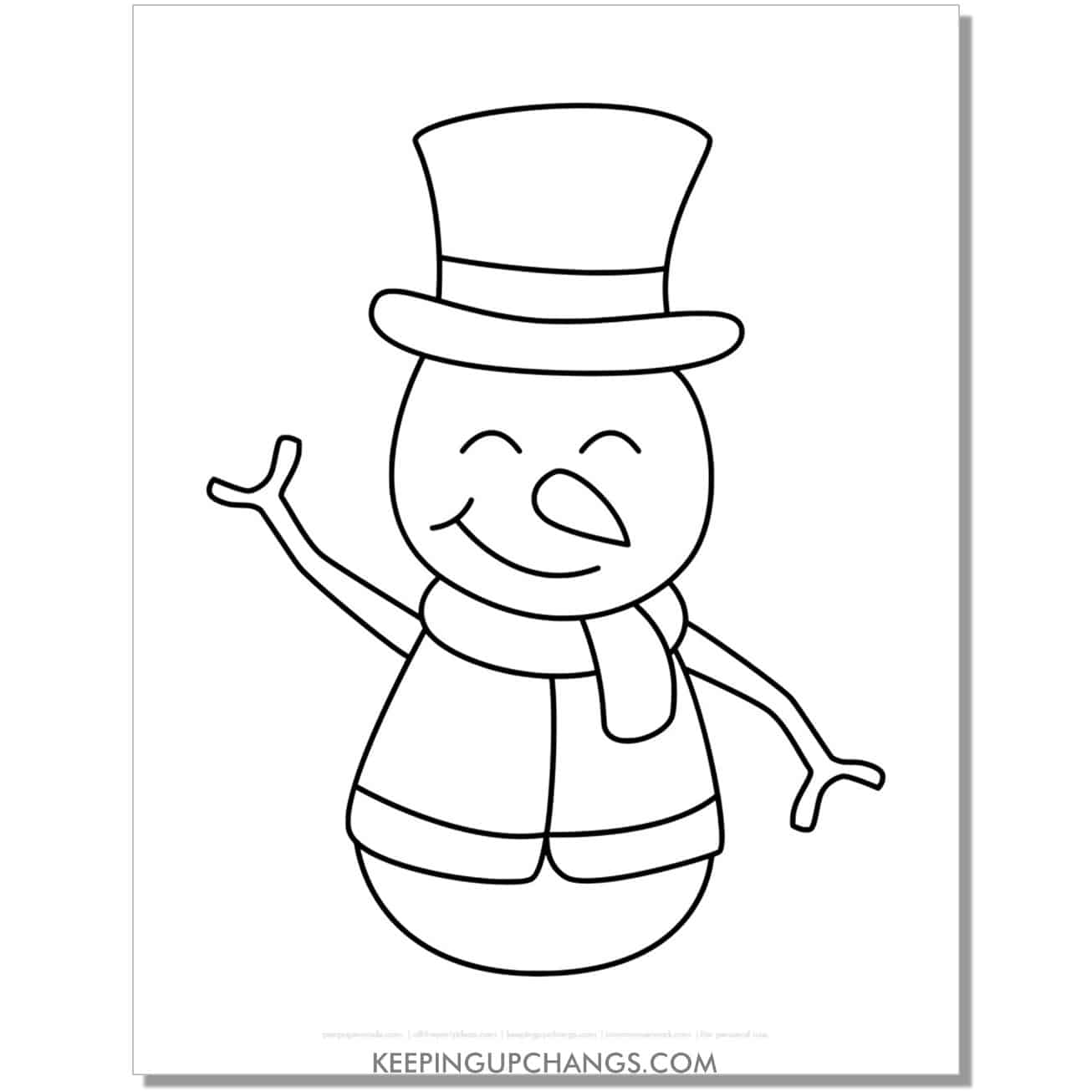 free simple snowman with top hat coloring page.