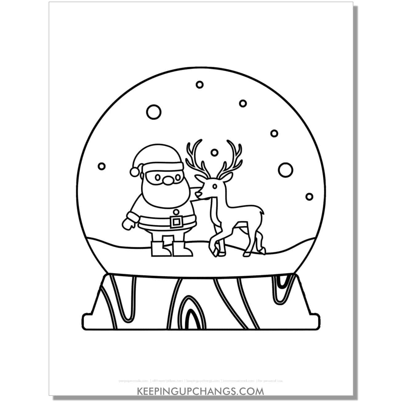 free preschool santa claus with reindeer snow globe coloring page.