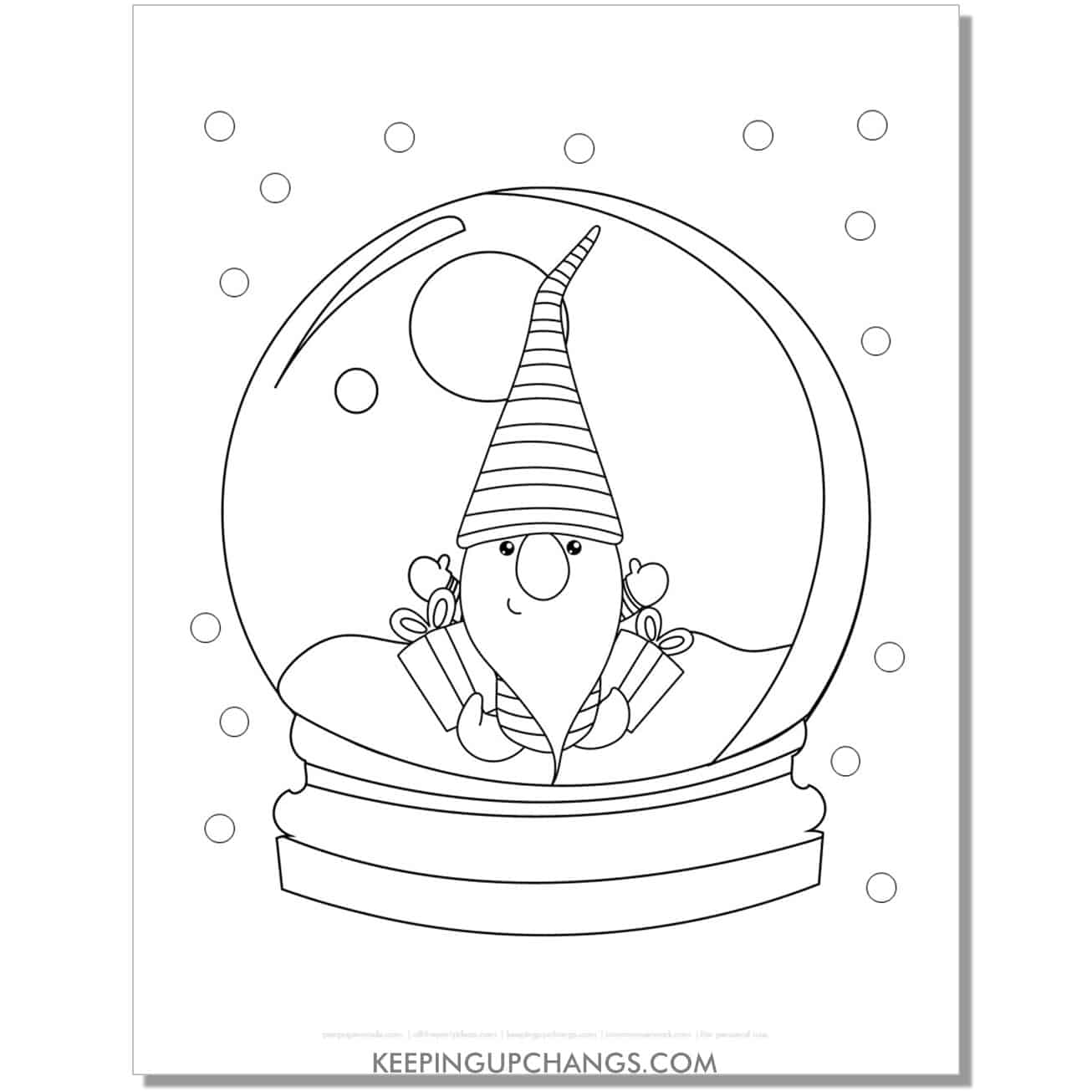 free cute gnome boy snow globe coloring page.