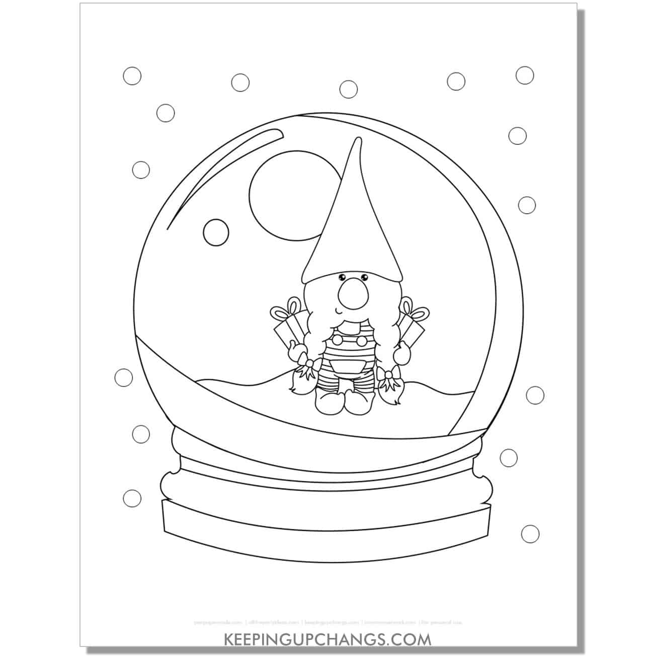 free cute gnome girl snow globe coloring page.