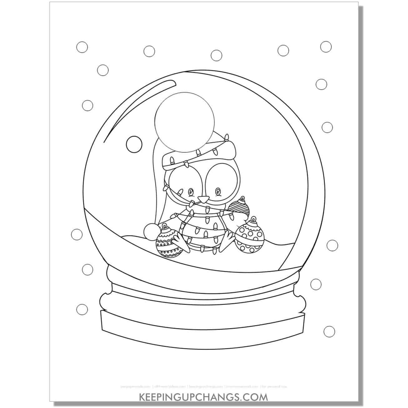 free cute owl in christmas lights and ornaments snow globe coloring page.