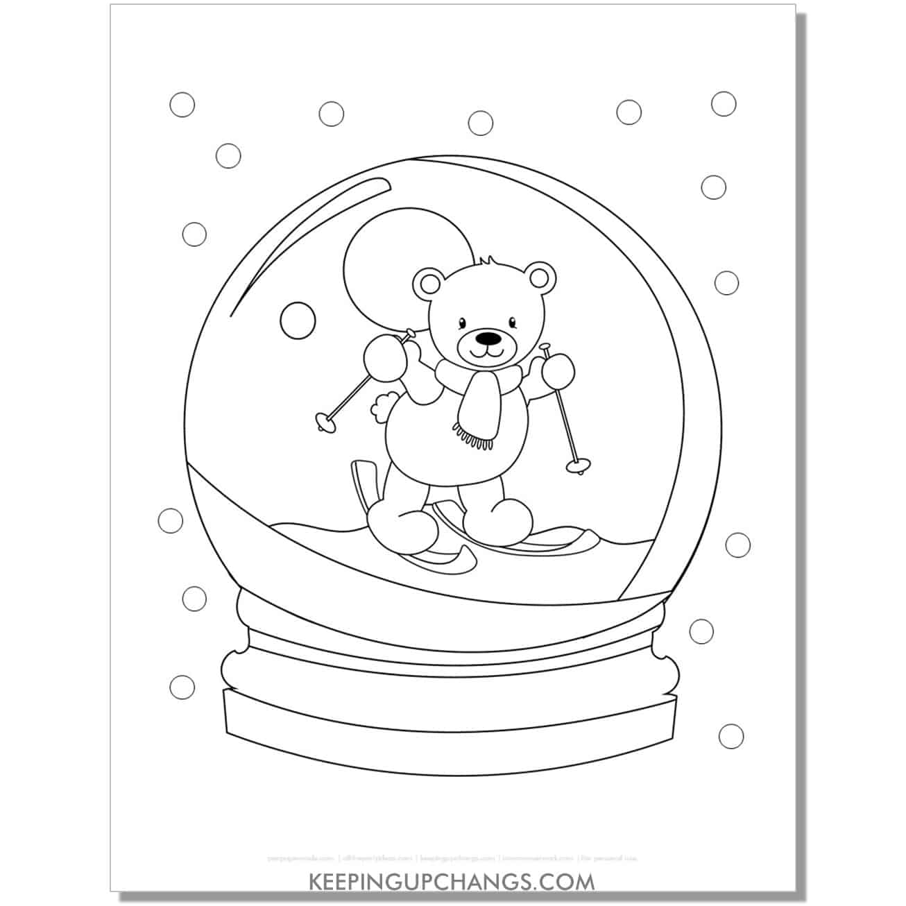free cute polar bear skiing snow globe coloring page.