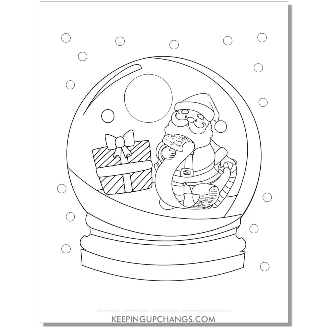 free cute santa claus with list, presents snow globe coloring page.