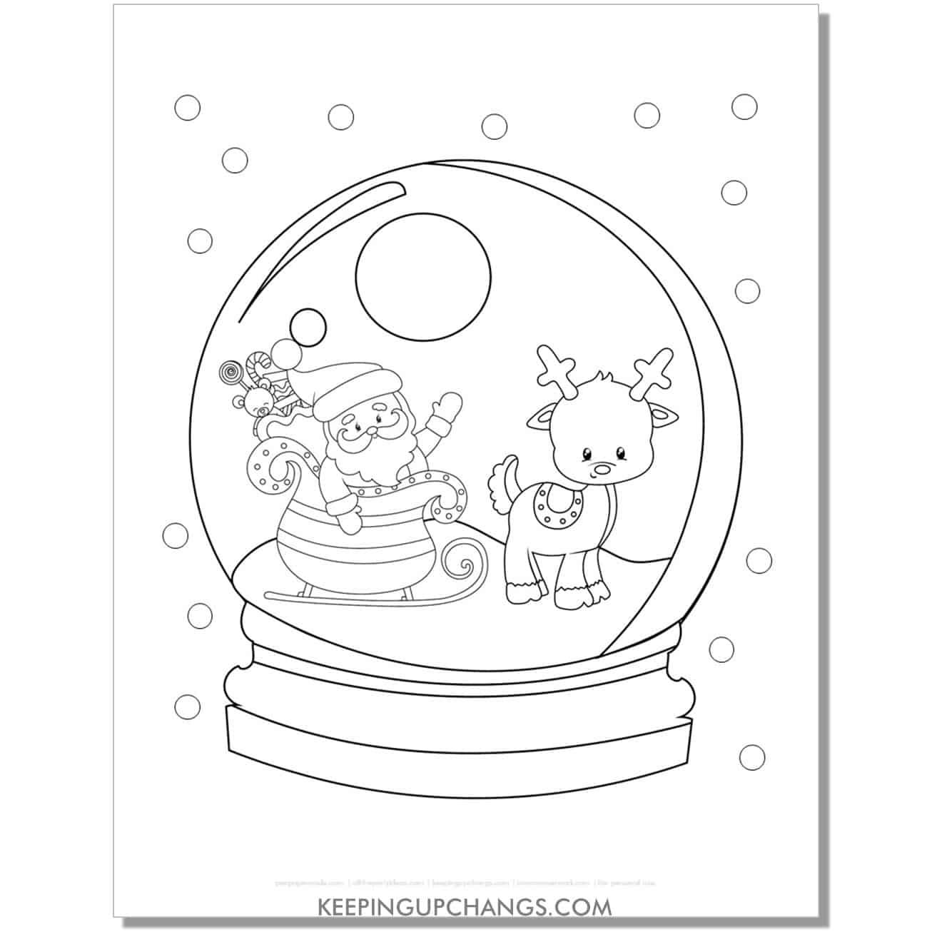 free cute santa claus with reindeer snow globe coloring page.
