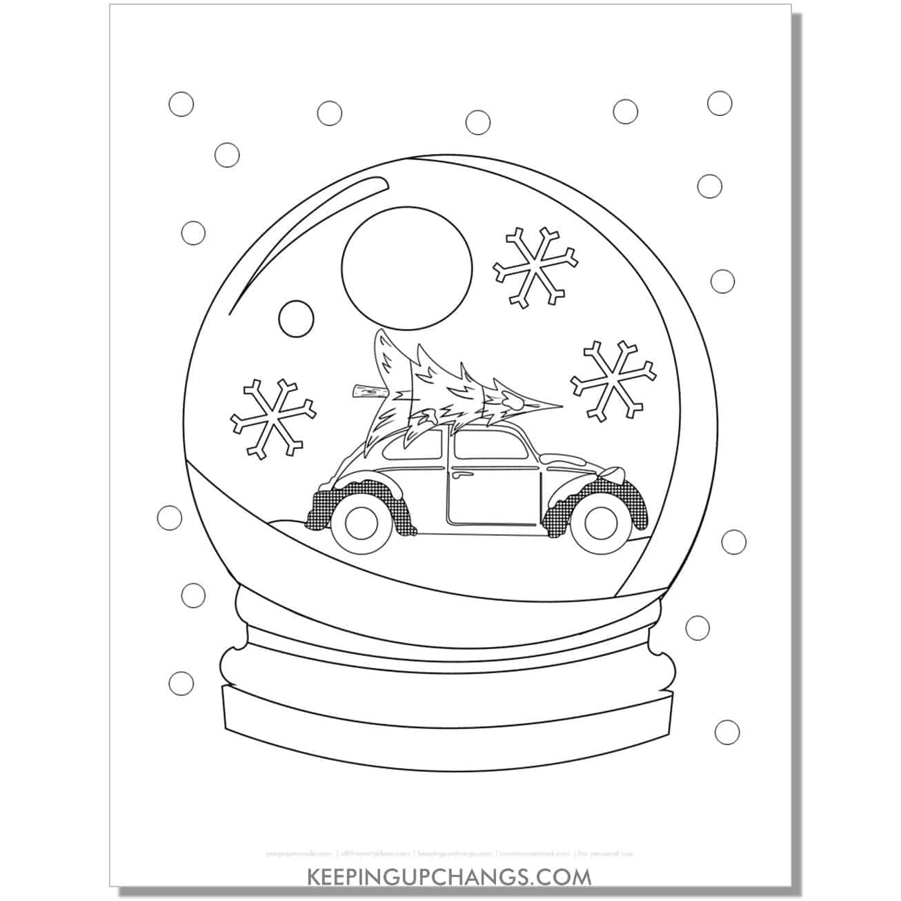 free cute vintage car with tree snow globe coloring page.