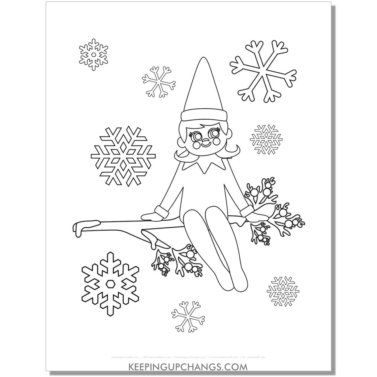 free elf on the shelf female girl on tree branch with snowflakes coloring page.