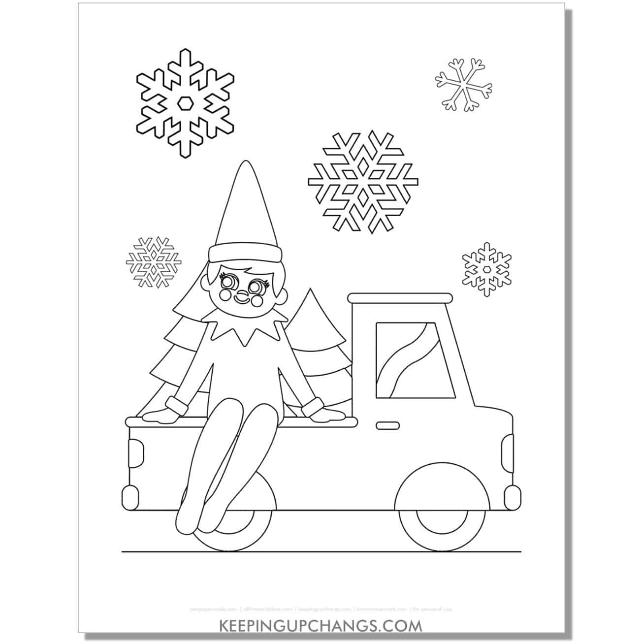 free elf on the shelf male boy on vintage truck with trees and snowflakes coloring page.