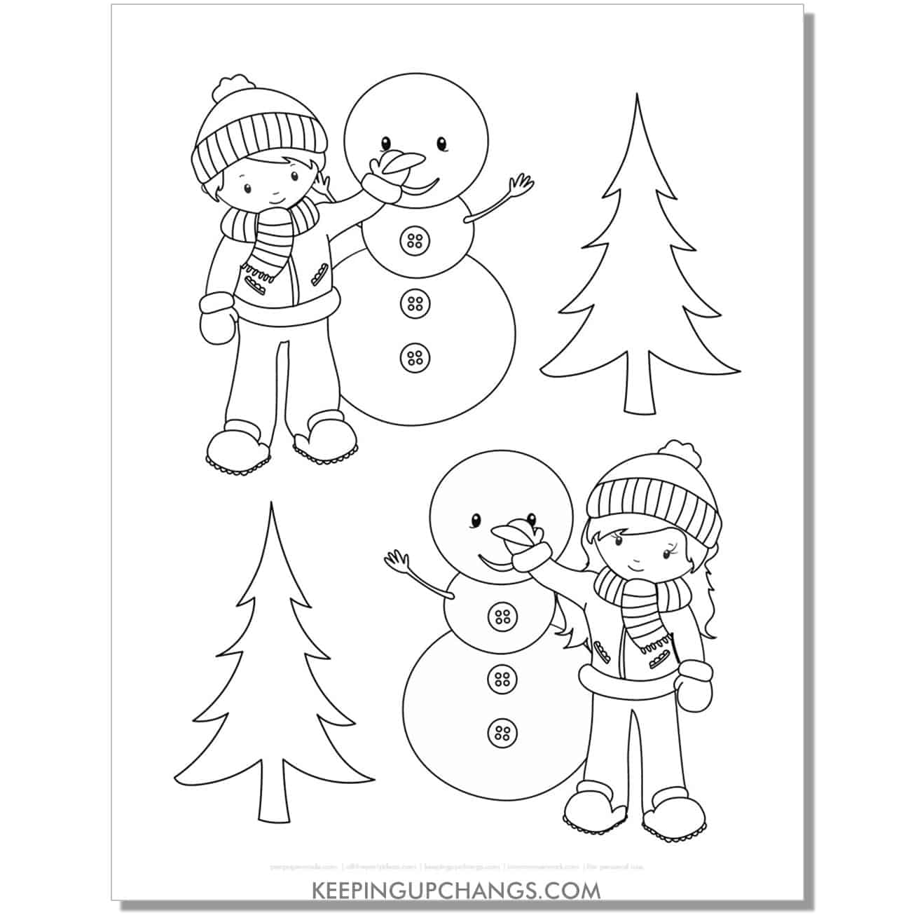free girl, boy building snowman coloring page.