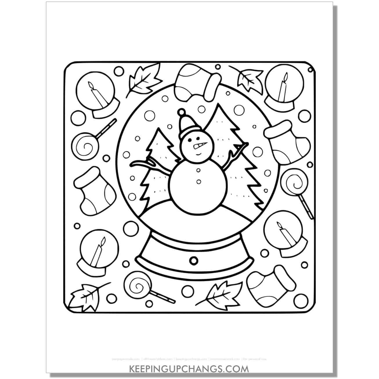 free snow globe snowman, candle, stocking, candy coloring page.