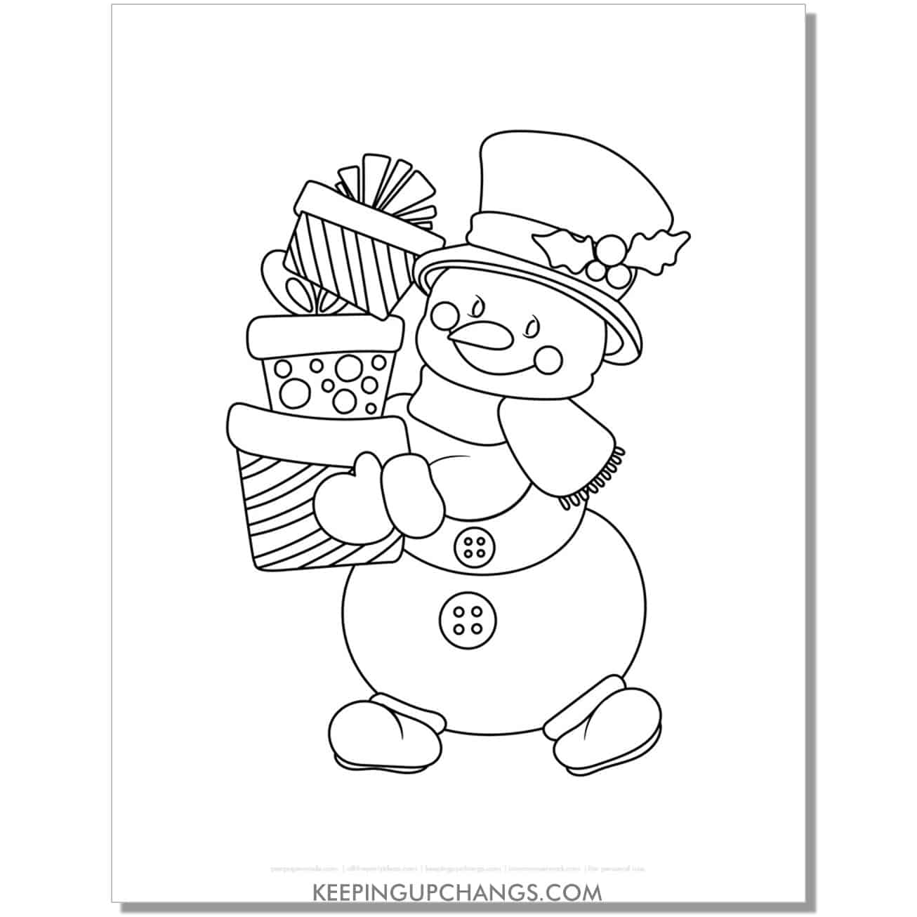 free snowman with stack of presents coloring page.