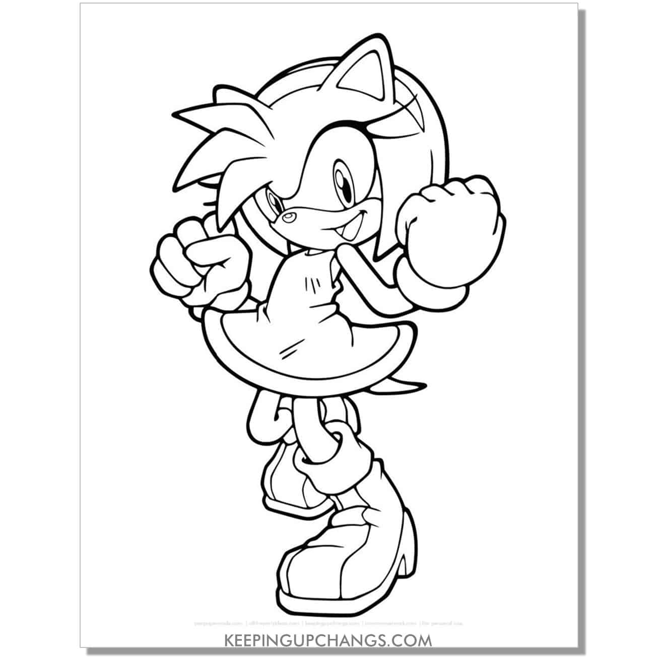 amy rose with motivational fists sonic coloring page.