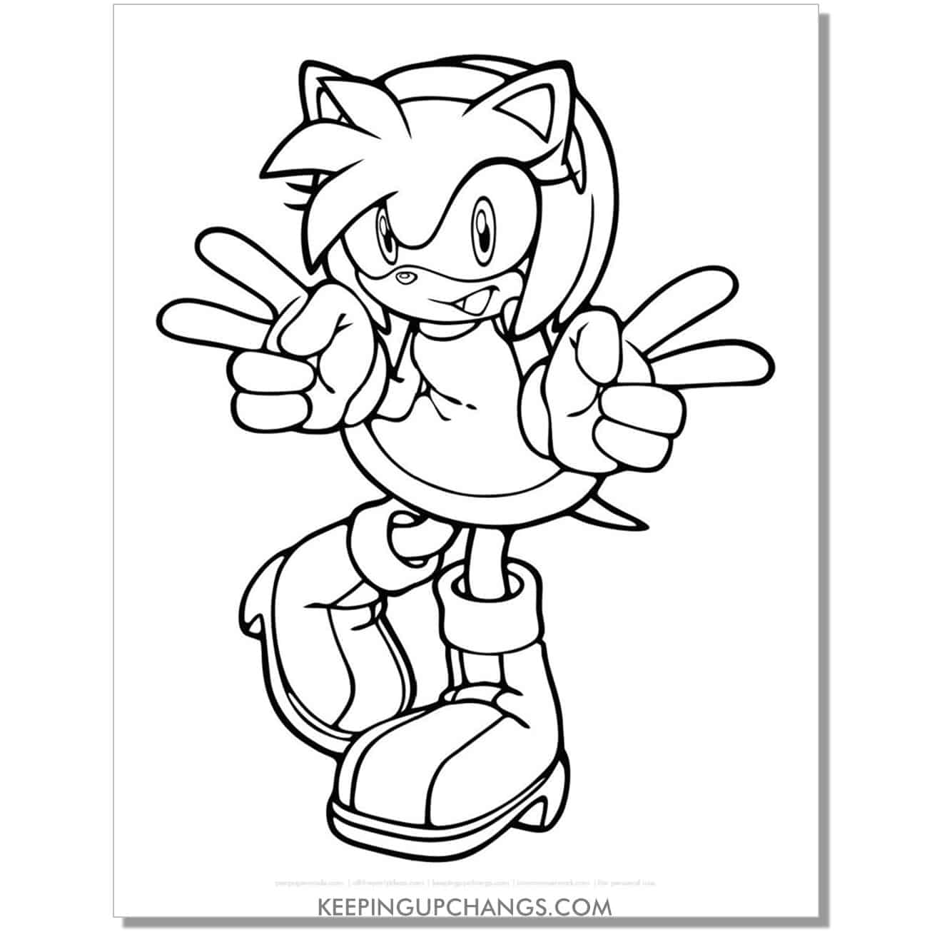 amy rose with two peace signs sonic coloring page.