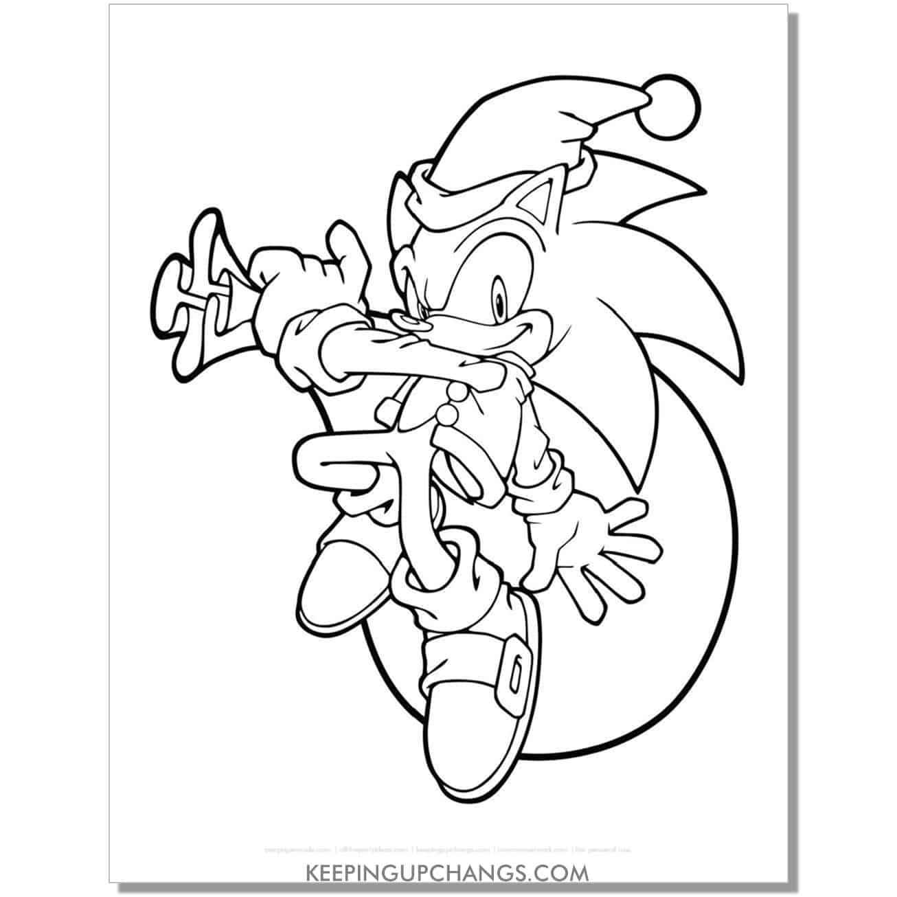 sonic santa hat with sack of toys christmas coloring page.