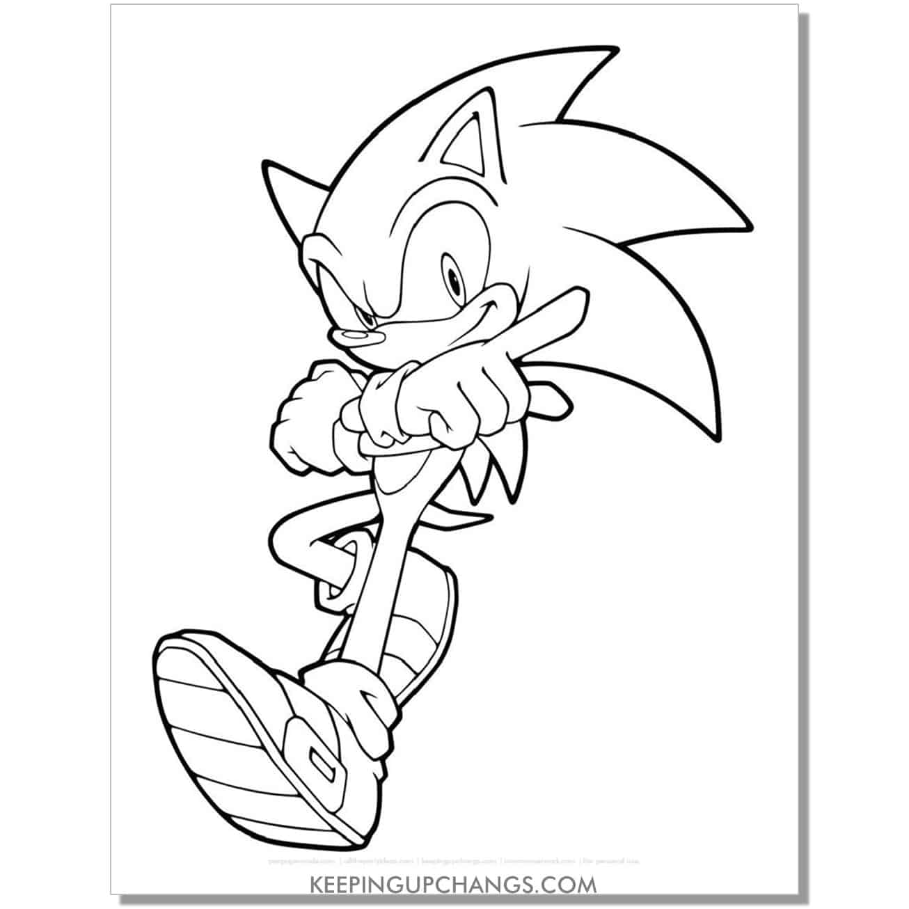 sonic with arms crossed and index finger pointing coloring page.