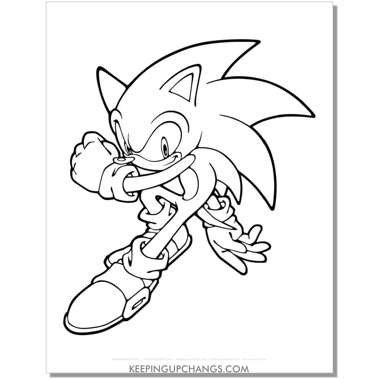sonic crouching with one arm across body coloring page.