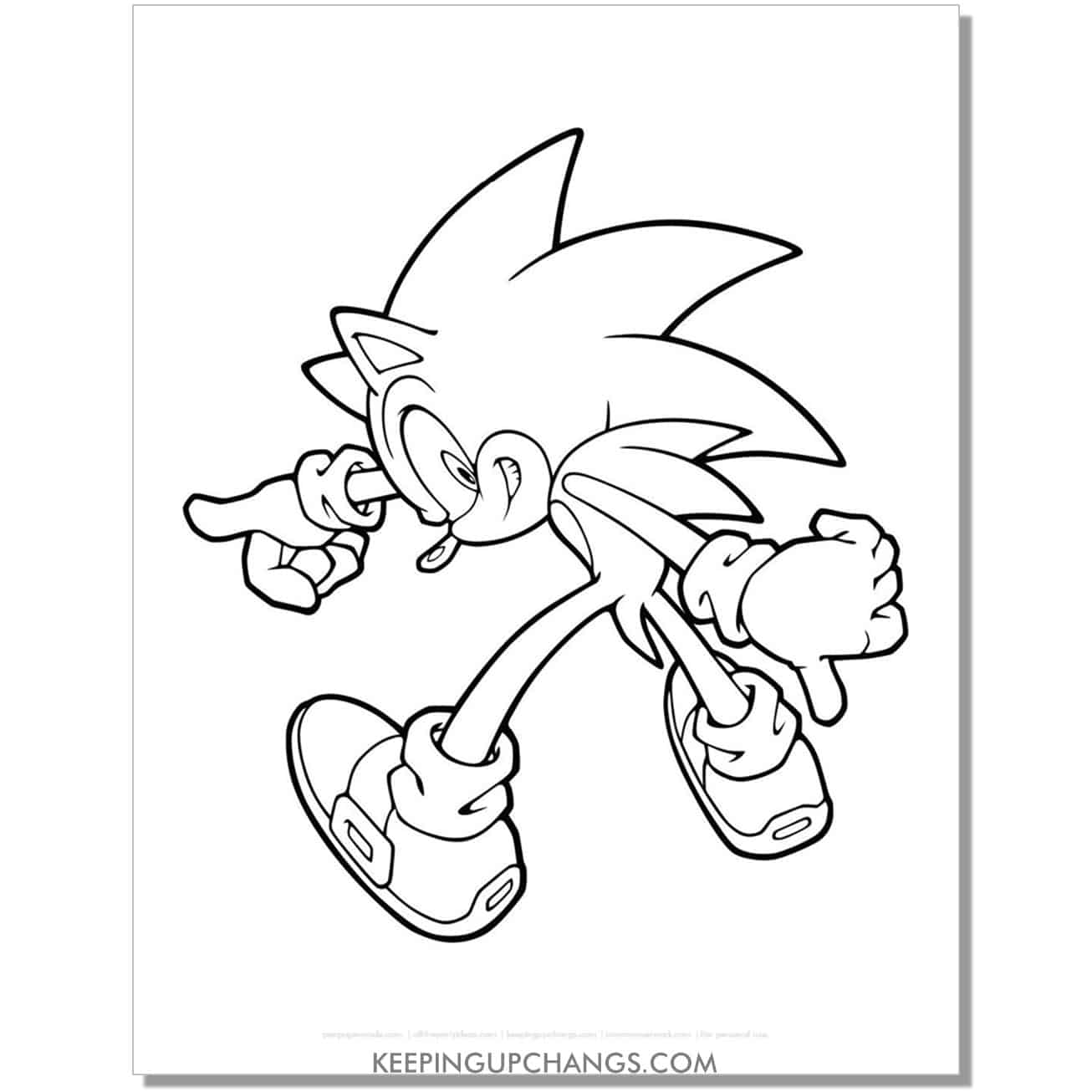 sonic looking back with one arm in front and one in back coloring page.