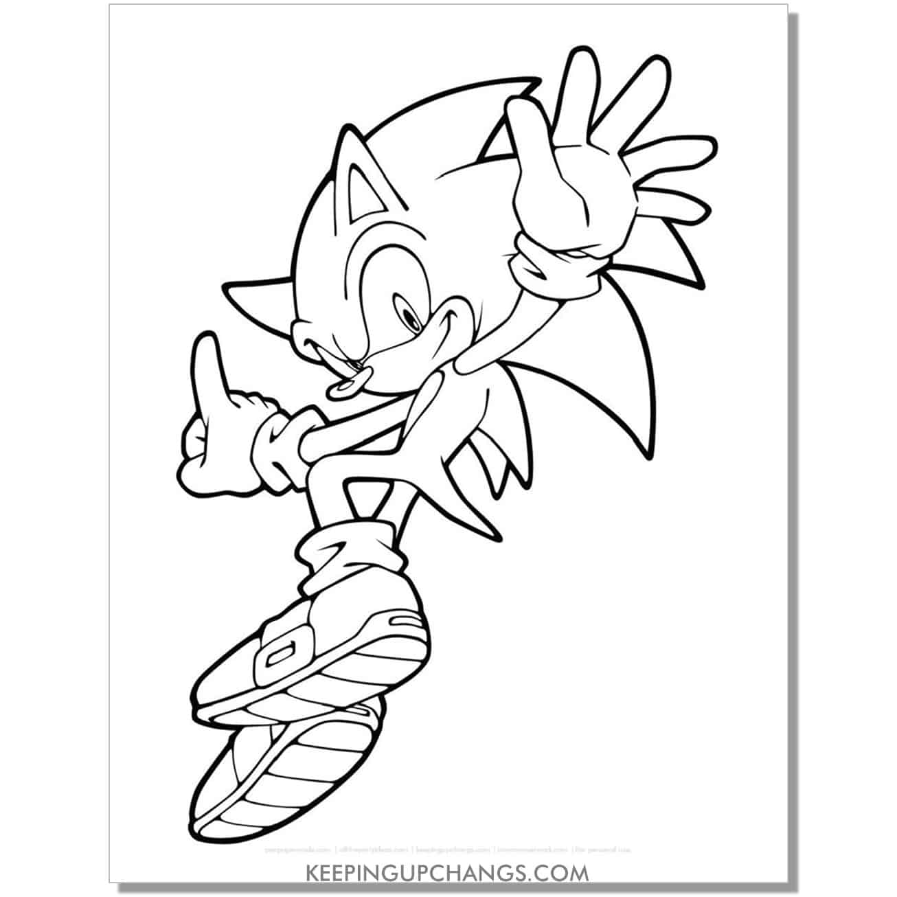 sonic looking back with palm out and other hand with index finger pointingcoloring page.