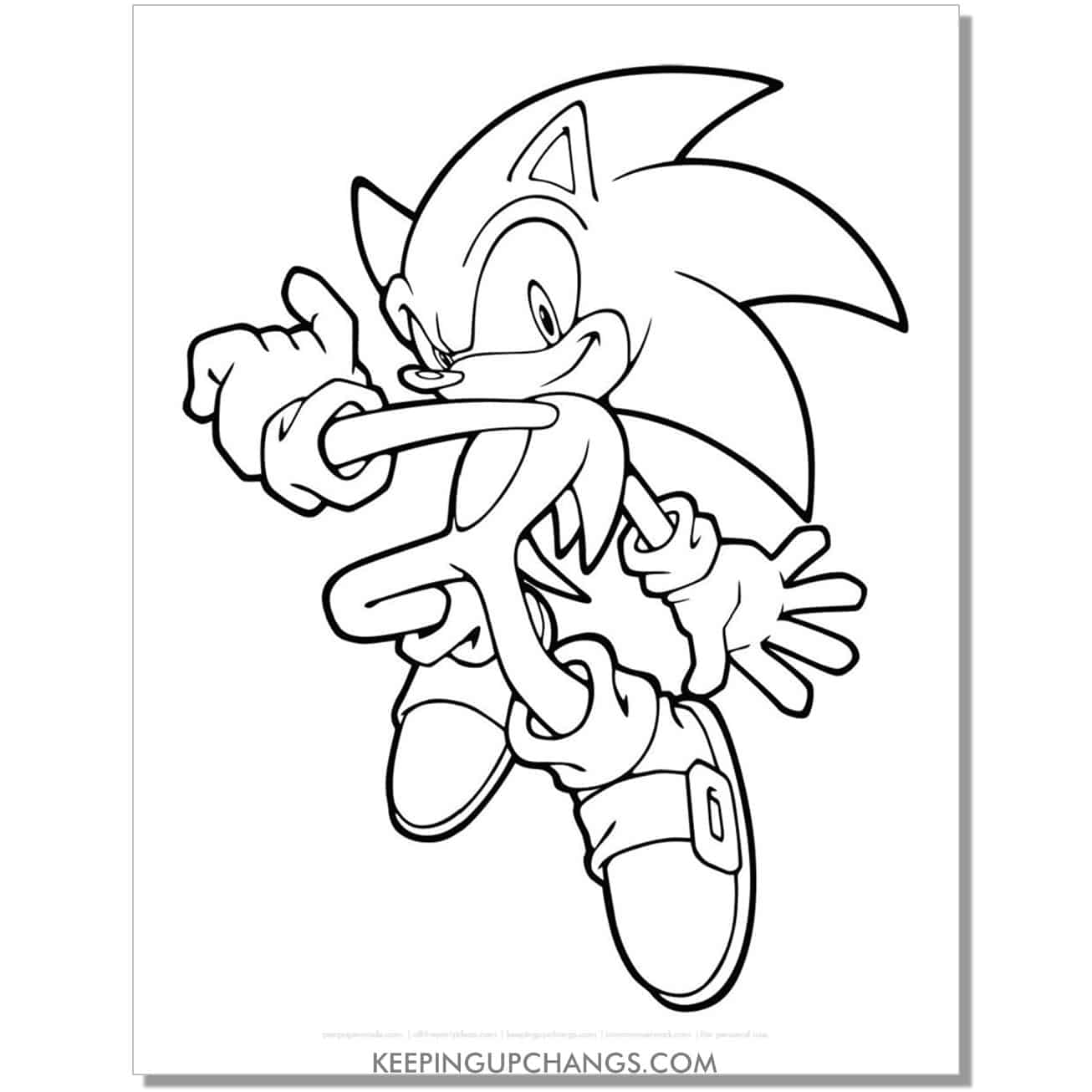 sonic with one arm crossed over body and smiling coloring page.